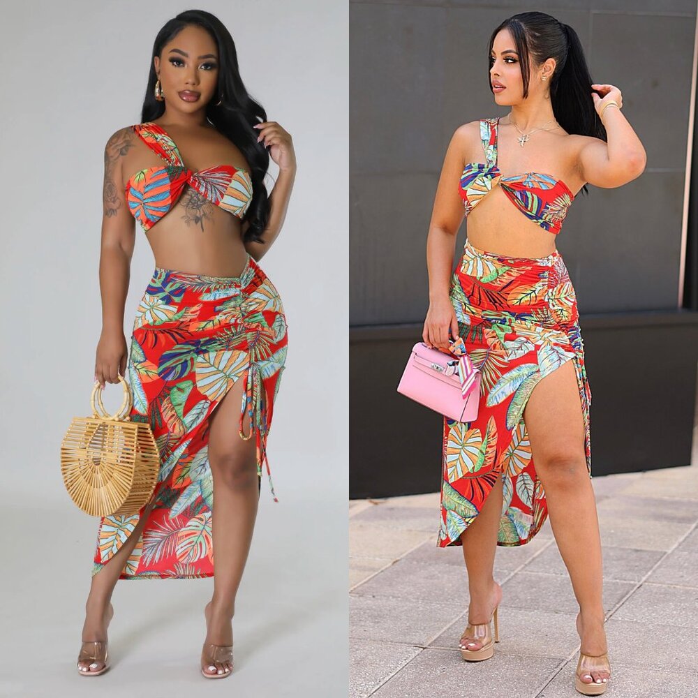 Viena Floral Two Piece Skirt and Crop top Sexy Set